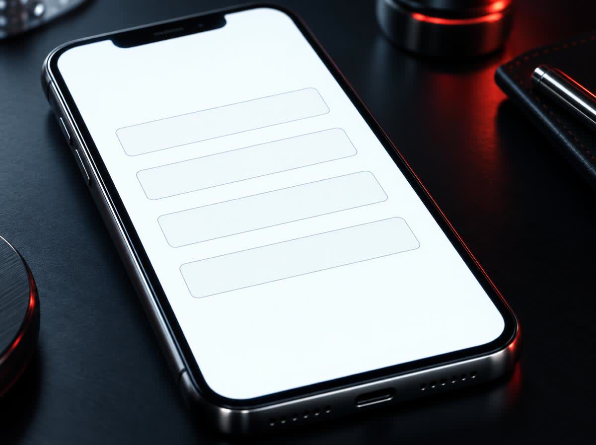 A phone filling the frame on a dark desk, its screen bright and fully lit with a clean pale form, four short empty fields stacked down it, the whole display glowing.