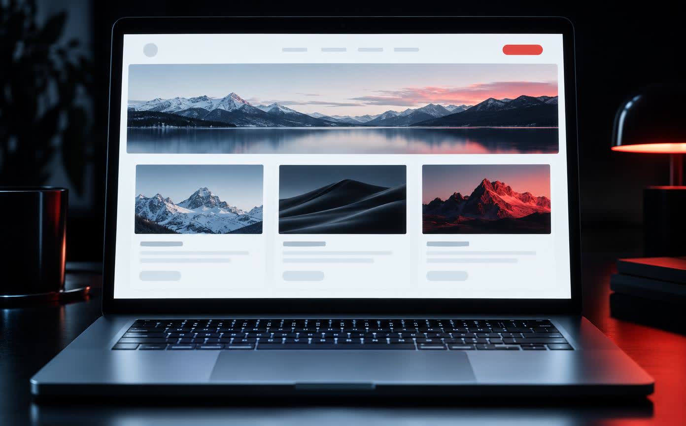 A cleared dark desk with one laptop open at its centre, screen bright with a finished clean layout, nothing else on the surface at all.