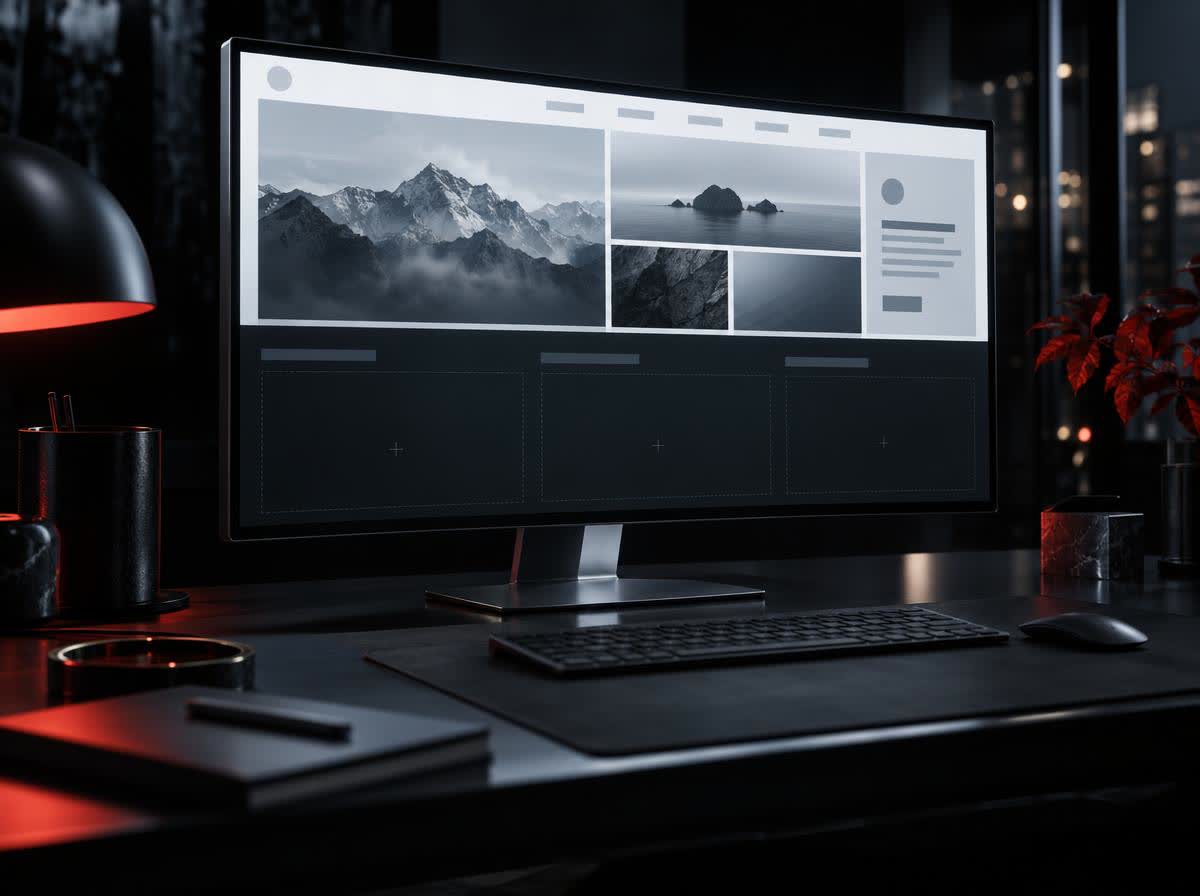 A wide monitor in the dark showing a website layout half assembled, clean grey blocks snapping into a grid, the lower half still empty and dim.