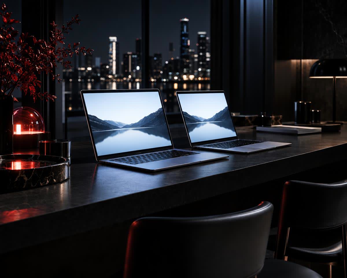 A long dark counter at night with two laptops open side by side, both screens lit and showing the same clean layout, seats empty.