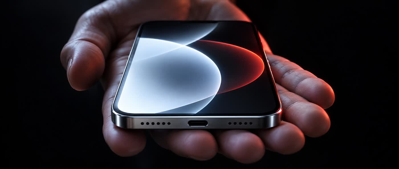 A phone held flat in one open upturned palm, its screen bright with a clean simple abstract layout, offered toward the camera in a dark room.