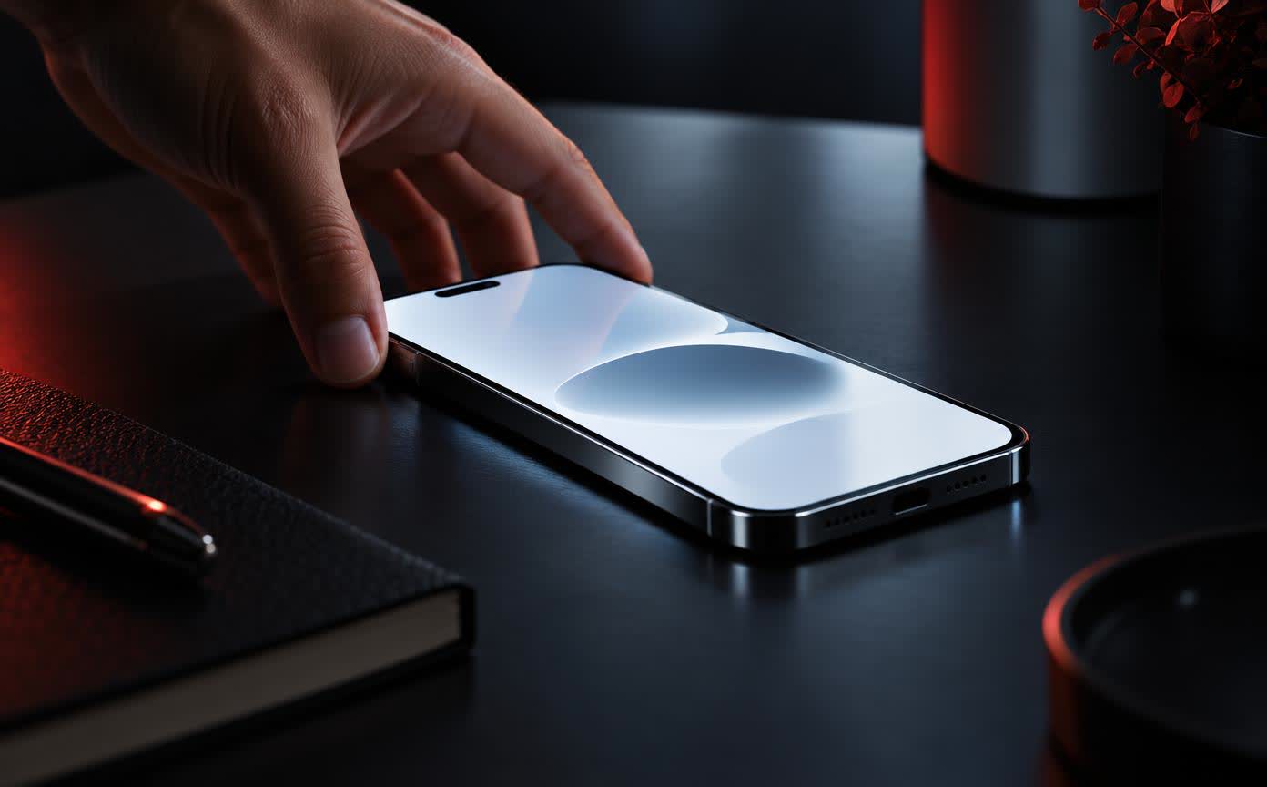 A hand setting a phone down on a dark desk and releasing it, the screen still lit and bright with a simple clean interface, fingers just leaving the glass.