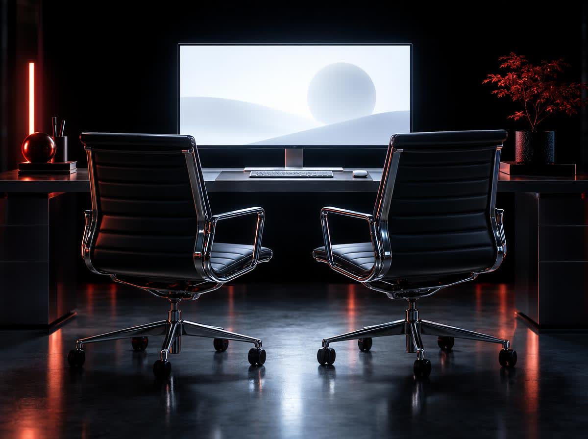 Two chairs drawn up to a desk with a large bright monitor between them showing a clean simple layout, the screen lighting both seats, the room black behind.